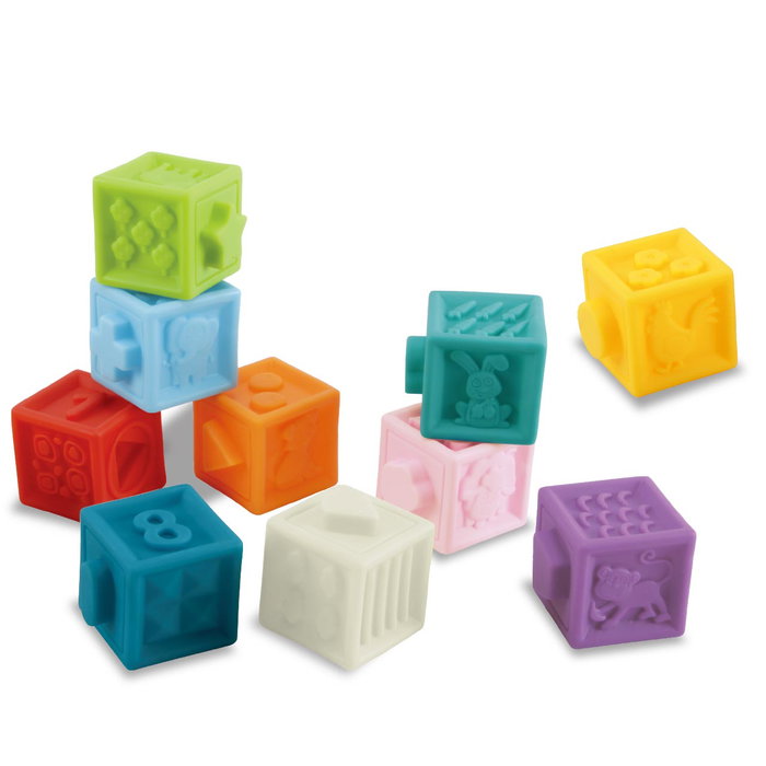 Tachan - Set de 10 cubes de numération et d'empilage en caoutchouc souple - Jouet éducatif multi-couleurs pour motricité fine (Dès 6 mois)