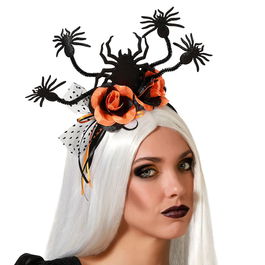 Diadème Halloween Femme Adulte avec Araignées, Fleurs Orange et Tul Décoration - Accessoire Déguisement Sorcière ou Personnage Sinistre