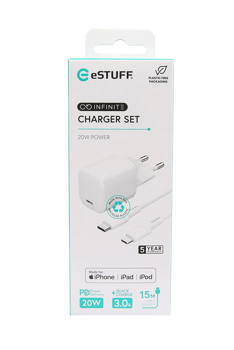 eSTUFF Kit Chargeur INFINITE 20 W PD Prise EU avec Câble USB-C/USB-C 1.5 m Blanc - Produit Conçu avec Matériaux Recyclés