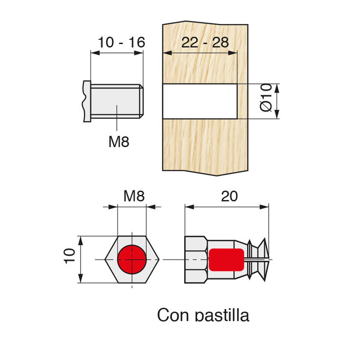 Herrajes Alk ESPANDER 10 M820PA - Tuerca expansible en laiton M8x20 avec bille pour forage 10mm