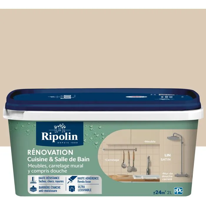 Ripolin Lin - Peinture pour rénovation de cuisine et salle de bain - Finition satinée - Haute résistance et lessivable - 2 litres