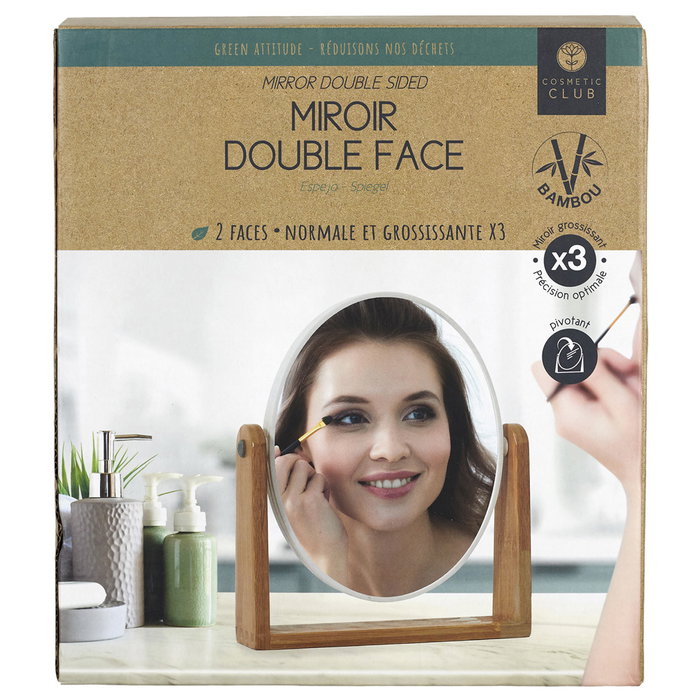 Cosmetic Club Miroir de table ovale double face, normal et x3 avec support en bambou Cosmetic Club Miroir de table ovale double face, normal et x3 avec support en bambou