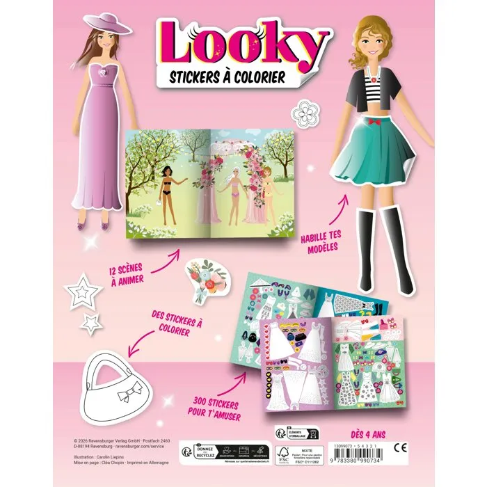 Ravensburger 13099073 Livre de stickers à colorier Looky - 24 pages, thème robes de soirée, +300 stickers, dès 4 ans