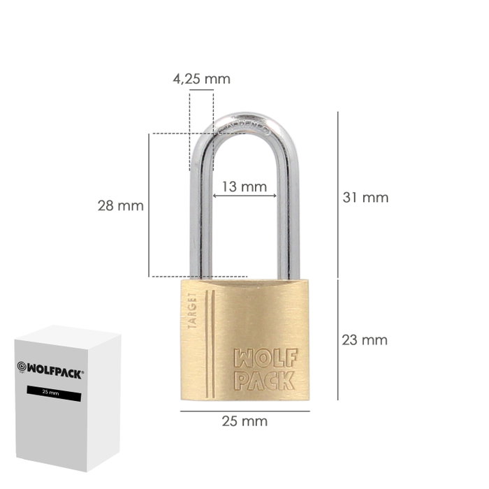 WOLFPACK LINEA PROFESIONAL Cadenas en laiton à anse longue 25 mm série Target WOLFPACK LINEA PROFESIONAL Cadenas en laiton à anse longue 25 mm série Target