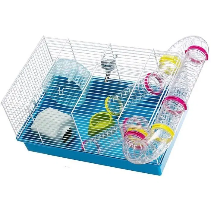 Ferplast Cage pour Hamster Paula Tube Line - 46x29.5x24.5 cm Bleu avec Maison, Roue, Mangeoire, Abreuvoir et Tunnels