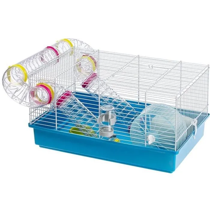 Ferplast Cage pour Hamster Paula Tube Line - 46x29.5x24.5 cm Bleu avec Maison, Roue, Mangeoire, Abreuvoir et Tunnels