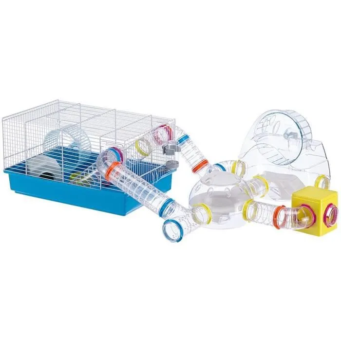 Ferplast Cage pour Hamster Paula Tube Line - 46x29.5x24.5 cm Bleu avec Maison, Roue, Mangeoire, Abreuvoir et Tunnels