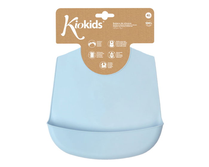 KioKids Babero Blandito en silicone imperméable bleu, bavoir pour bébé +4 mois avec bolsillon et 7 réglages de cou
