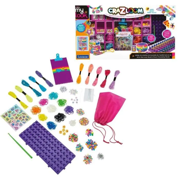 Crazart Lexibook - Atelier de création de bracelets de l'amitié tout-en-un, kit XXL avec 1600 élastiques, perles, tableau à clip et sac pour bracelets à 6 rangs Crazart Lexibook - Atelier de création de bracelets de l'amitié tout-en-un, kit XXL avec 1600 élastiques, perles, tableau à clip et sac pour bracelets à 6 rangs