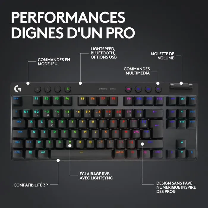 Logitech G Pro X TKL Lightspeed - Clavier mécanique sans fil gamer pour esport - Rétroéclairage - Format TKL sans pavé numérique - Switch mécanique - AZERTY - Noir Logitech G Pro X TKL Lightspeed - Clavier mécanique sans fil gamer pour esport - Rétroéclairage - Format TKL sans pavé numérique - Switch mécanique - AZERTY - Noir