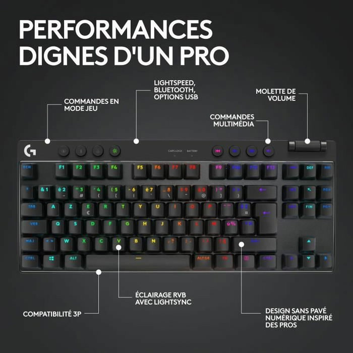 Logitech G Pro X TKL Lightspeed - Clavier Gamer Sans Fil - AZERTY - Noir