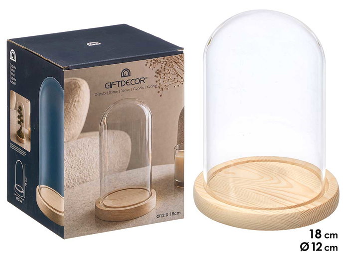 GIFTDECOR Coupole décorative base bois 18cm haut, Cristal + Madera, Transparente + Madera GIFTDECOR Coupole décorative base bois 18cm haut, Cristal + Madera, Transparente + Madera