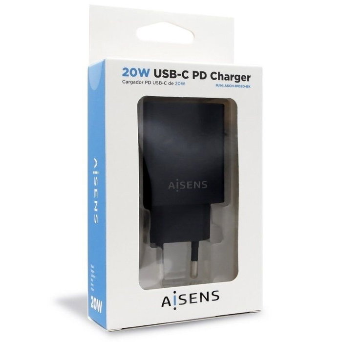 Chargeur Aisens ASCH-1PD20-BK Noir 20 W USB-C Chargeur Aisens ASCH-1PD20-BK Noir 20 W USB-C