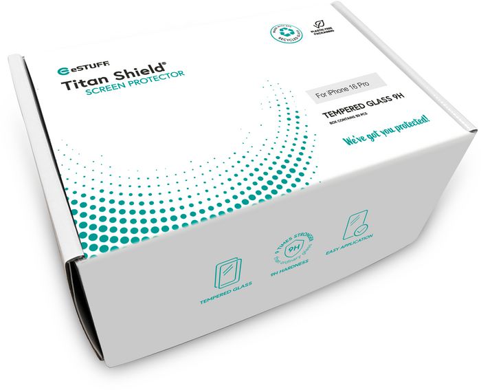 eSTUFF Protection d'écran verre trempé 9H Titan Shield Infinite complète pour iPhone 16 Pro - Pack Bulk de 50 pièces avec kits de nettoyage - Recyclé