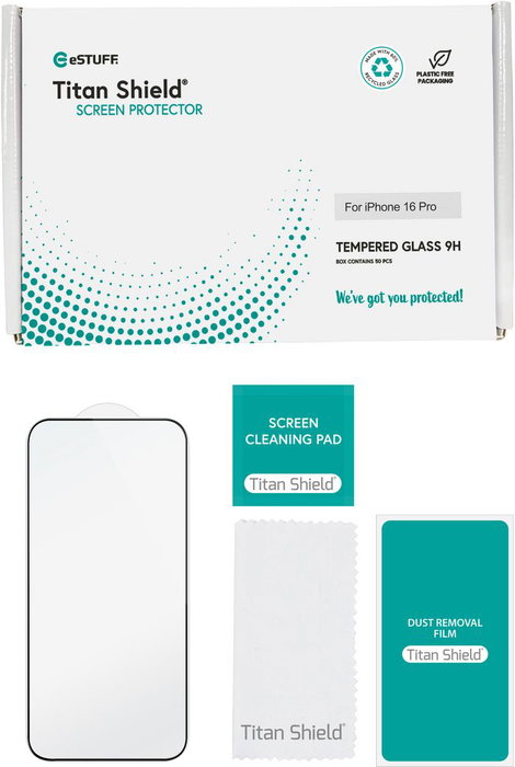 eSTUFF Protection d'écran verre trempé 9H Titan Shield Infinite complète pour iPhone 16 Pro - Pack Bulk de 50 pièces avec kits de nettoyage - Recyclé