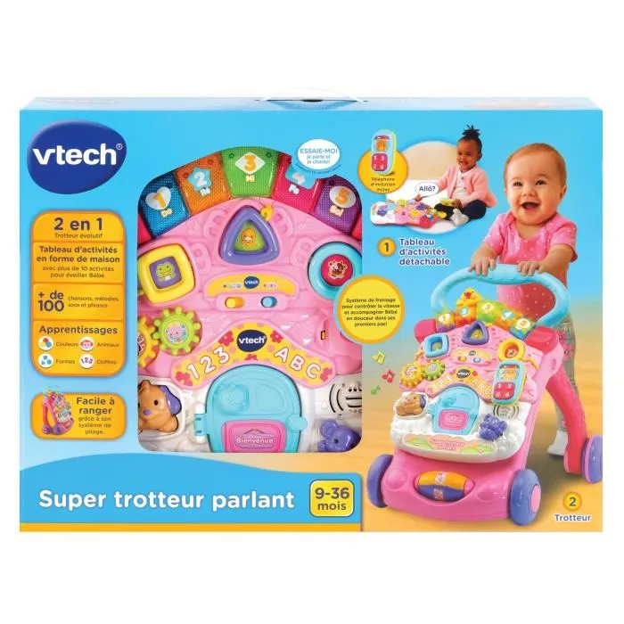 Vtech Super Trotteur - Trotteur Parlant et Éducatif 2 en 1 Rose, avec Tableau d'Éveil Détachable, pour Enfant de 9 à 36 Mois