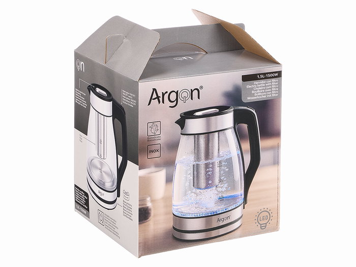 Argon Bouilloire Verre Borosilicate LED 1,5 L Filtre Inclus 20x24x16 cm Transparent Noir Argent (Set de 6)