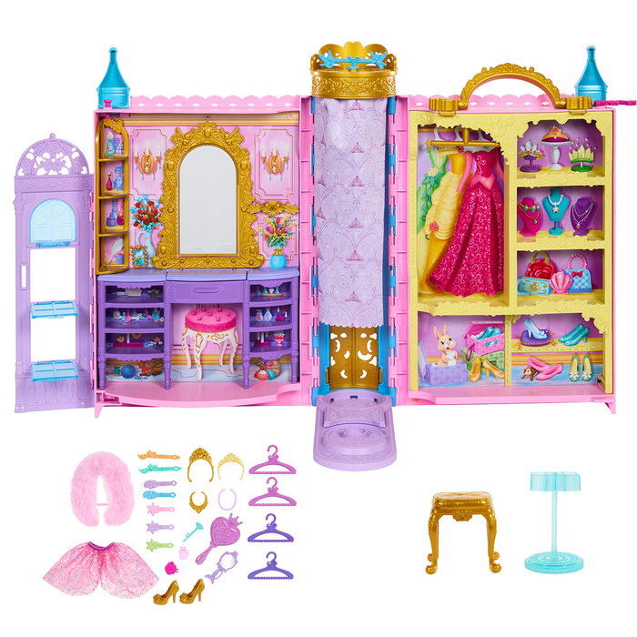 MATTEL Disney Princess - Château Portable HXC20 avec Poupée - Ensemble de Jeu Prêt pour le Bal avec Garde-robe, Podium et Accessoires