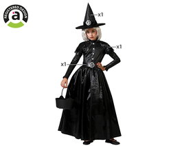 Déguisement Halloween de Sorcière Noire Long avec Chapeau pour Fille Enfant - Taille 7-9 Ans - Polyester - Robe et Accessoires