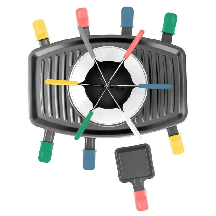 Continental Edison CERFG86B - Appareil à raclette et fondue 3 en 1, 8 personnes, plaques interchangeables pour raclette, fondue et grill, noir