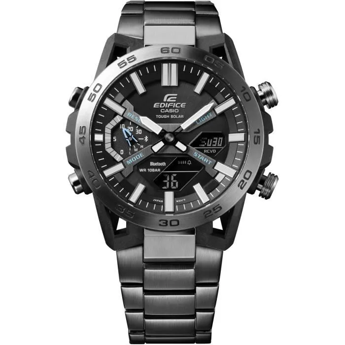 Casio ECB-2000DC-1AEF Montre connectée Bluetooth avec recharge solaire, boîtier acier inoxydable 51mm noir, étanche 10 bars, chronomètre