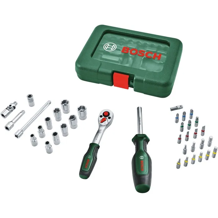Bosch Set de cliquets 1/4" 37 pièces - Douilles, embouts, cliquet 72 dents, couple 93 Nm, coffret