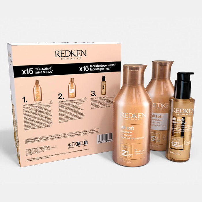 Redken Coffret All Soft - Shampooing Après-Shampooing et Huile Capillaire à l'Argan - Soin Hydratant 3 Pièces pour Cheveux Secs et Fragiles - 300 ml + 300 ml + 100 ml