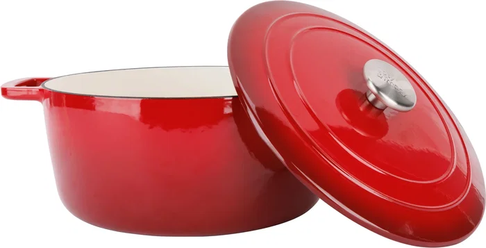 Cosy & Trendy Cocotte Fonte Fontestic rouge 28 cm 6.15 L pour tous feux dont induction et four, avec couvercle à gouttières et intérieur blanc émaillé