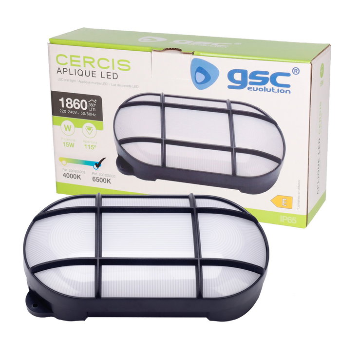GSC Evolution Applique LED ovale Cercis avec grille, 15W, 6500K, Noir