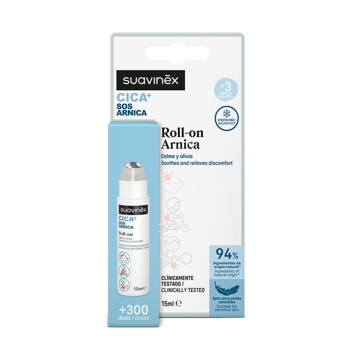 Suavinex Roll-on SOS Apaisant à l'Arnica 15 ml - 94% d'ingrédients naturels pour peaux sensibles - Apaisement immédiat après chocs et irritations