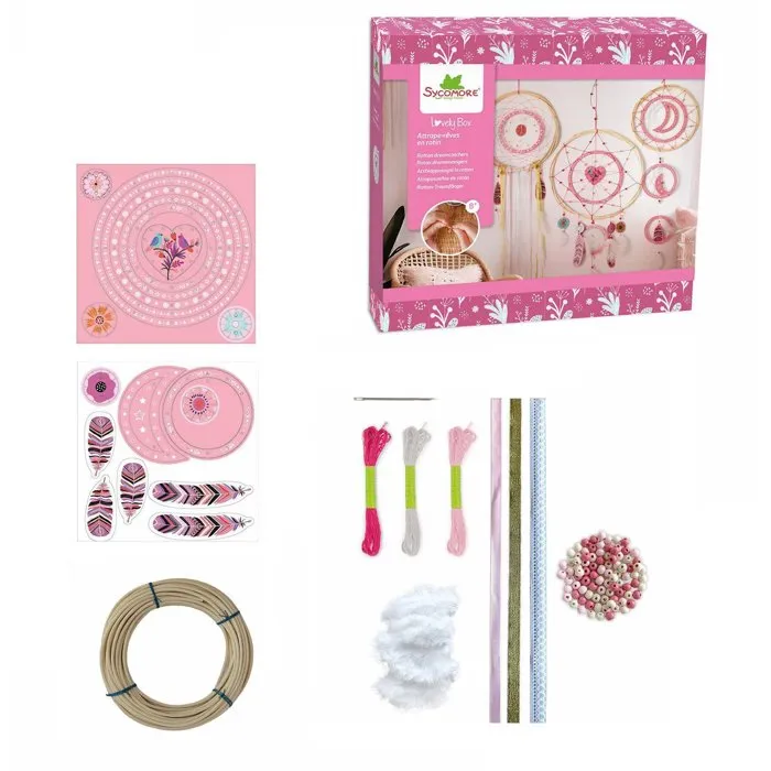 Sycomore Lovely Box SYCOMORE - Attrape-rêves géants en rotin à créer soi-même - Kit d'activité créative avec fils, perles et plumes - Dès 8 ans