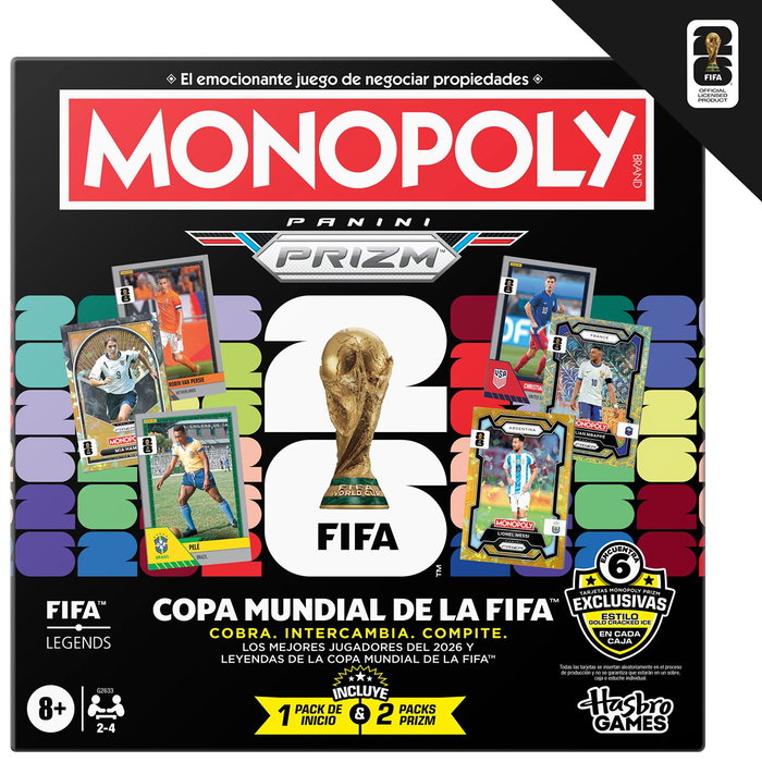 Monopoly - Jeu de société Édition FIFA 2026 avec cartes Panini Prizm collectionnables (Messi, Mbappé), en portugais/espagnol, pour 8 ans et plus