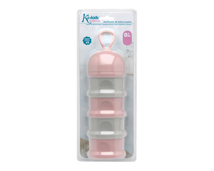 KioKids - Dosificateur pour lait en poudre en tour de 4 compartiments (340 mL, 85 mL chacun), avec entonnoir, pratique et transportable - Rosa et Gris, pour bébé dès 0 mois