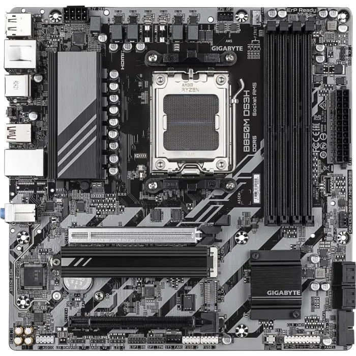 Carte mère Gigabyte B850M DS3H AM5, AMD Ryzen 9000/8000/7000, DDR5 jusqu'à 8200 MHz, 2xM.2 (PCIe 5.0/4.0), LAN 2.5 GbE, USB 3.2 Gen 2, 16+2+2 phases VRM