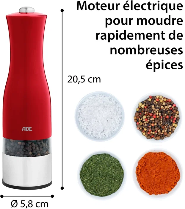 Ade Moulin à poivre et sel électrique en acier inoxydable, 22.5 cm, avec broyeur en céramique, lumière LED et piles AAA incluses (Rouge) Ade Moulin à poivre et sel électrique en acier inoxydable, 22.5 cm, avec broyeur en céramique, lumière LED et piles AAA incluses (Rouge)