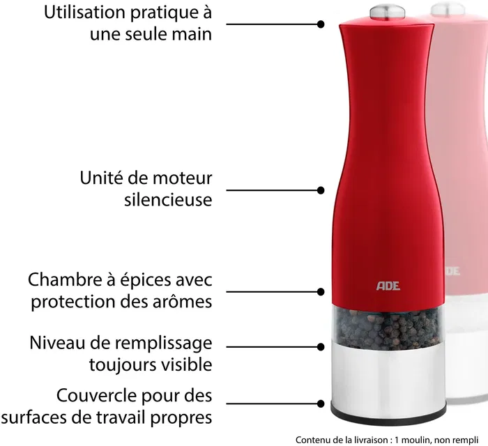 Ade Moulin à poivre et sel électrique en acier inoxydable, 22.5 cm, avec broyeur en céramique, lumière LED et piles AAA incluses (Rouge) Ade Moulin à poivre et sel électrique en acier inoxydable, 22.5 cm, avec broyeur en céramique, lumière LED et piles AAA incluses (Rouge)