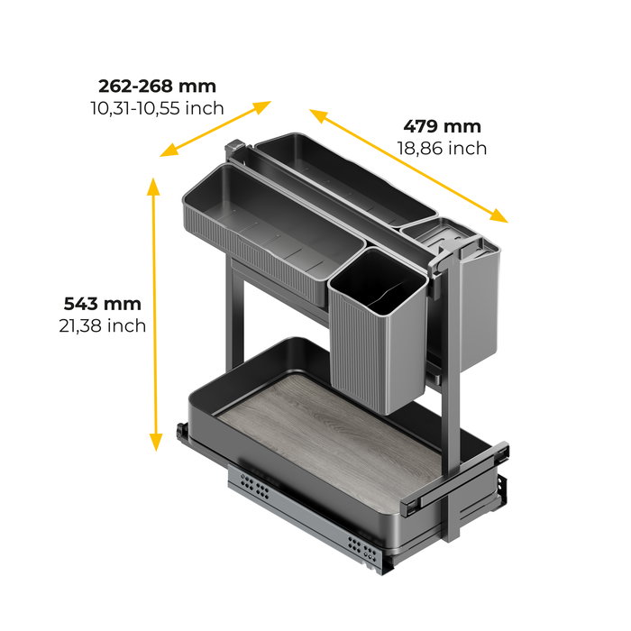 Emuca Chariot extractible avec paniers et accessoires Harmony avec fermeture à amortie, Module largeur 300mm hauteur 700mm, Acier et Bois, Gris anthracite