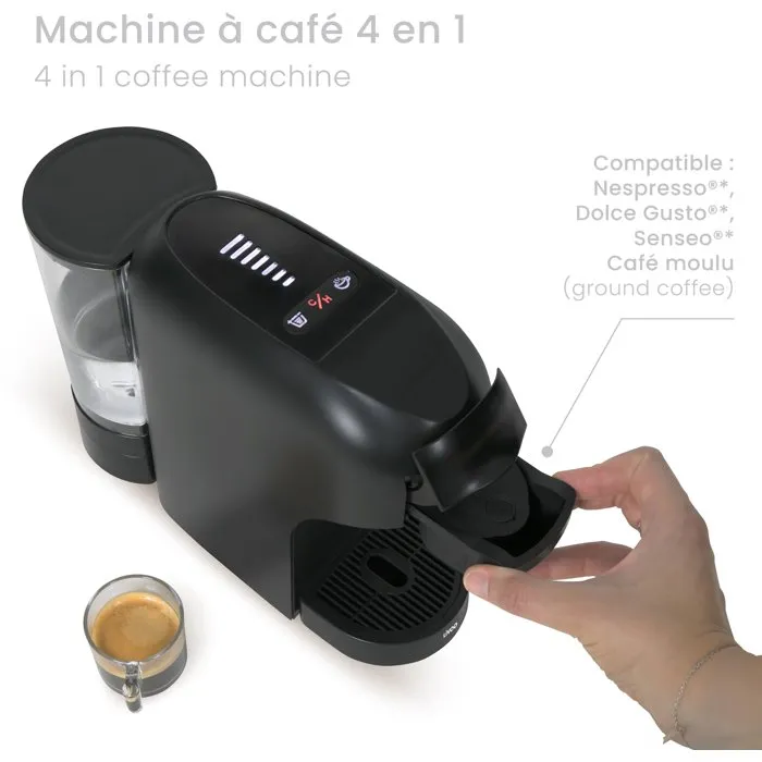Livoo DOD217N Machine à café multi-capsules 4-en-1, 20 bars, 7 niveaux d'intensité, 1400 W, réservoir amovible 0.85 L, design compact noir