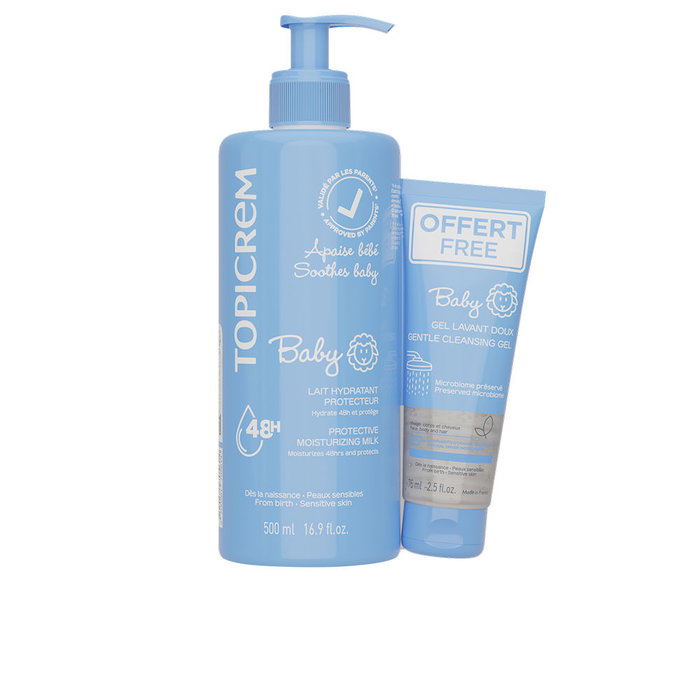 Topicrem - Lait hydratant et gel nettoyant pour bébé - Lait 500 ml + Gel 75 ml (2 unités) Topicrem - Lait hydratant et gel nettoyant pour bébé - Lait 500 ml + Gel 75 ml (2 unités)
