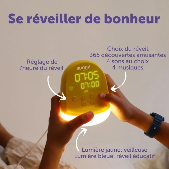 MORPHÉE - RÉveil éducatif et veilleuse enfant SUNNY avec 365 découvertes audio, musiques douces et sons naturels - Jaune
