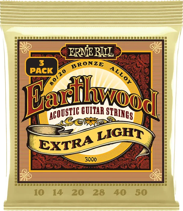 Ernieball Jeu de cordes acoustique Earthwood 92/8 Phosphor Bronze Extra Light 10-50 Tripack (3)