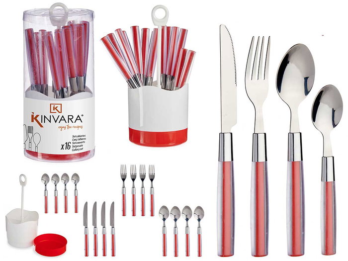 Kinvara Set de 16 couverts en acier inoxydable et manche PS rouge 11x25x11 cm - Couteau, fourchette, cuillère et cuillère à café (Set de 8) Kinvara Set de 16 couverts en acier inoxydable et manche PS rouge 11x25x11 cm - Couteau, fourchette, cuillère et cuillère à café (Set de 8)
