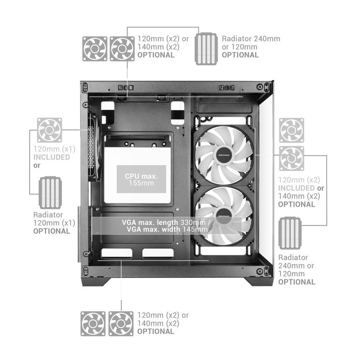 Mars Gaming MC-VIEW3 Boîtier PC MicroATX Mini Tower Noir Vitre Trempée ARGB USB-C