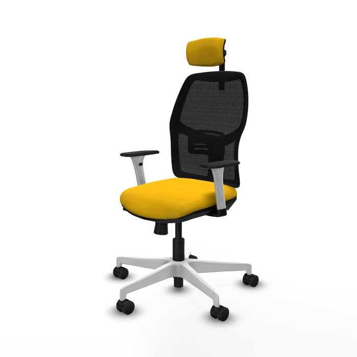 Chaise Alfera Synchrone/Traslack Maille/tissu Jaune Maille Noir Structure polyamide blanc Accoudoirs noirs et blancs Appui-tête 2D Roulettes 65mm nylon
