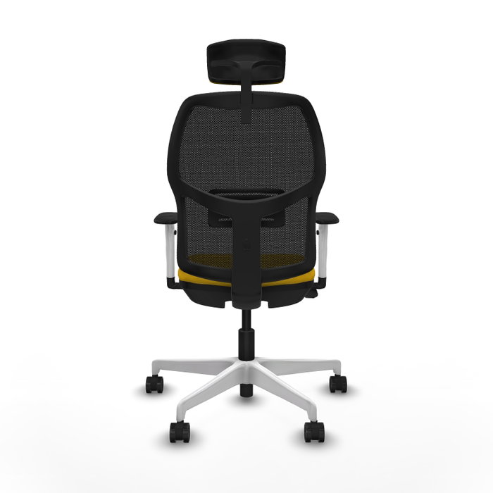 Chaise Alfera Synchrone/Traslack Maille/tissu Jaune Maille Noir Structure polyamide blanc Accoudoirs noirs et blancs Appui-tête 2D Roulettes 65mm nylon