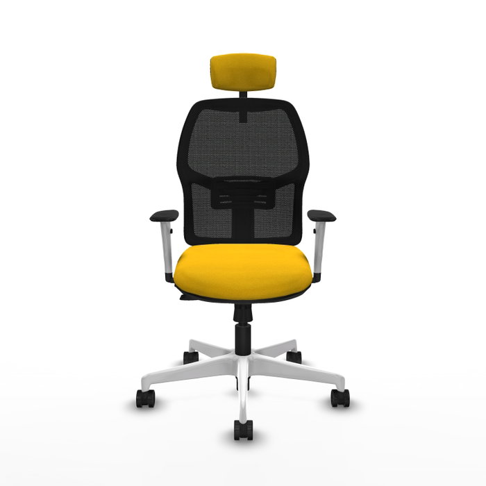 Chaise Alfera Synchrone/Traslack Maille/tissu Jaune Maille Noir Structure polyamide blanc Accoudoirs noirs et blancs Appui-tête 2D Roulettes 65mm nylon