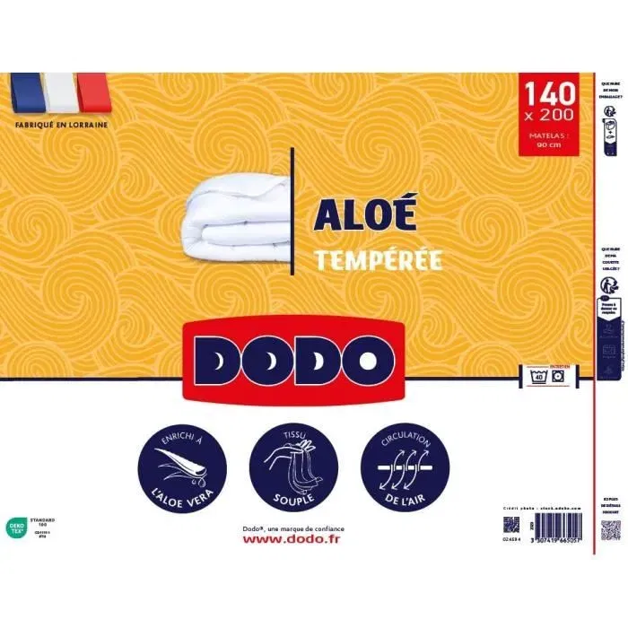 Dodo Couette Tempérée 140x200 cm 1 Personne Blanc - Housse Aloe, Garnissage Polyester 300g/m² - Douce et Confortable, Lavable Machine