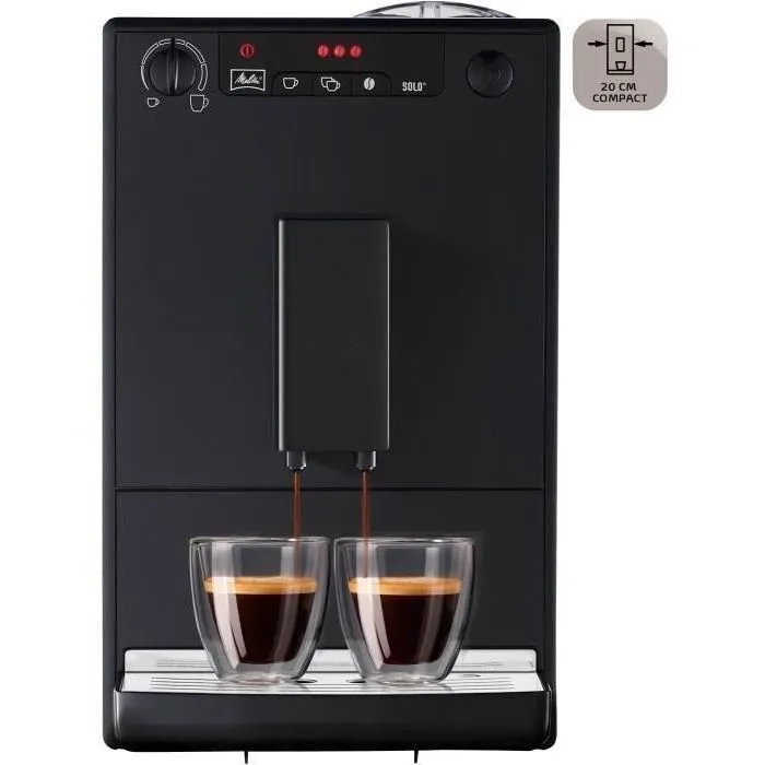 Melitta Machine à Café avec Broyeur à Grains Solo Pure Black - Cafetière Automatique Expresso Compacte 20 cm - Application Companion