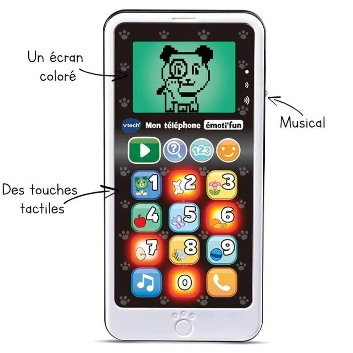 VTech Mon Téléphone Emoti'Fun - Jouet éducatif interactif pour enfant à partir de 18 mois avec écran rétroéclairé, touches lumineuses et émojis - Noir - Version française