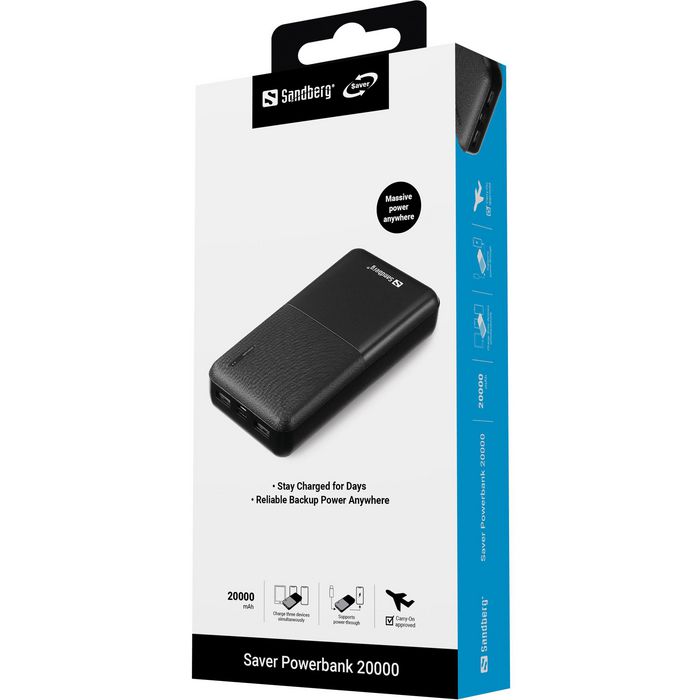Sandberg Saver Powerbank 20000 mAh - Charge rapide USB-C et USB-A, batterie portable de grande capacité